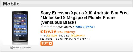Sony Ericsson X10 เตรียมขายบนเว็บ Play.com วันที่ 29 มีนาคมนี้