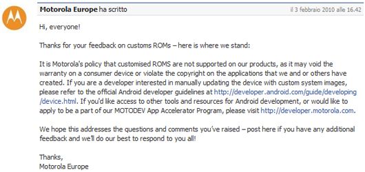Motorola Milestone จะไม่สนับสนุน Customs Rom