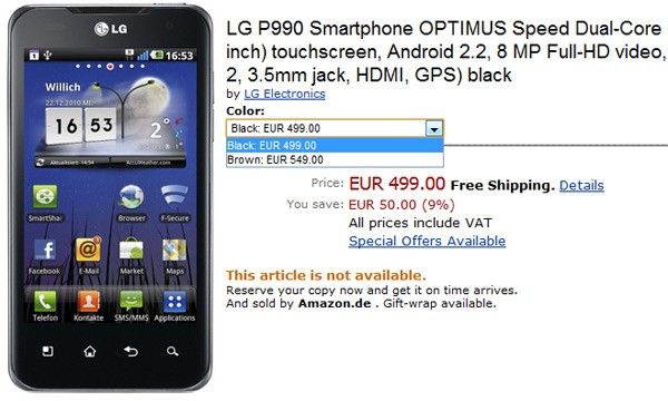 Amazon เยอรมันเผยราคา LG Optimus Black และ LG Optimus 2X 499 และ €549 EUR เหนาะๆ