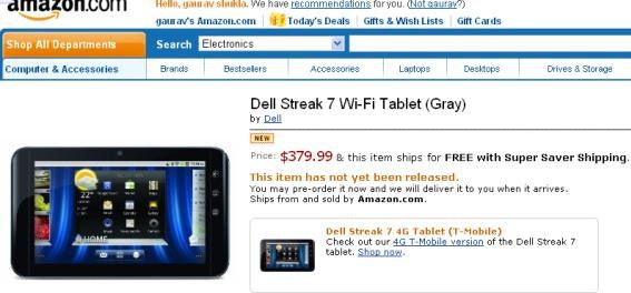 Dell Streak WiFi 7 นิ้วโผล่ที่ Amazon ด้วยค่าตัว $379.99