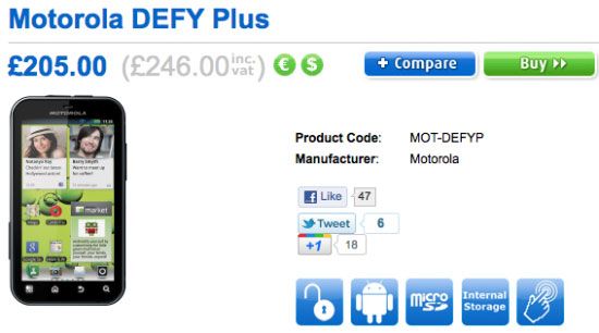 เปิดเผยแล้วราคา Motorola Defy Plus ใน UK เตรียมออกขายเดือนหน้านี้