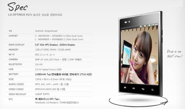 LG Optimus Vu (view) พร้อมวางจำหน่ายในเกาหลี 8 มีนา ในราคาเกือบล้าน