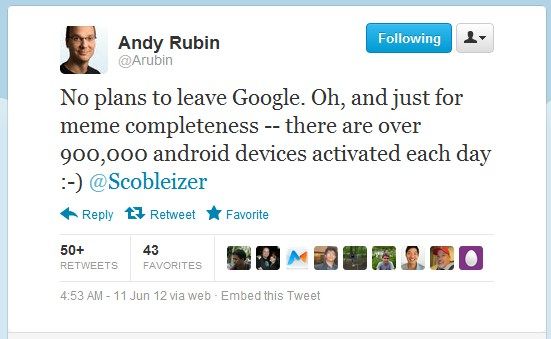Andy Rubin เผยยังไม่ปันใจจาก Google พร้อมรายงานยอดเปิดใช้งาน android ใหม่วันละ 9 แสนเครื่อง