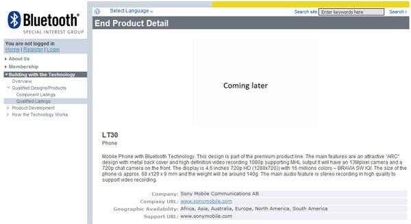 ข้อมูลจาก Bluetooth SIG เผยรหัส LT30 คาดเป็น Sony Xperia GX รุ่นวางขายทั่วโลก