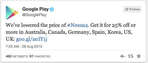 Nexus 4 ปรับราคาลง 25% ในบางประเทศ