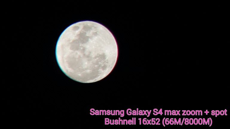 เพลินๆ เลยถ่ายดวงจันทร์เล่น ผ่านเลนส์ Galaxy S4 + Bushnell 16×52 (เลนส์ส่องนก)