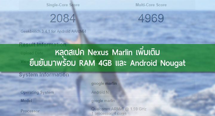 หลุดเพิ่ม! พบข้อมูล Nexus Marlin มาพร้อม Android Nougat และ RAM 4GB