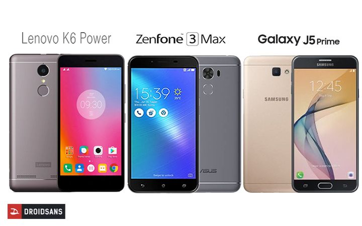 เปรียบเทียบสมาร์ทโฟน 3 รุ่นน่าสนใจ Galaxy J5 Prime, Zenfone 3 MAX, Lenovo K6 Power ช่วงราคา 6,xxx-7,xxx บาท