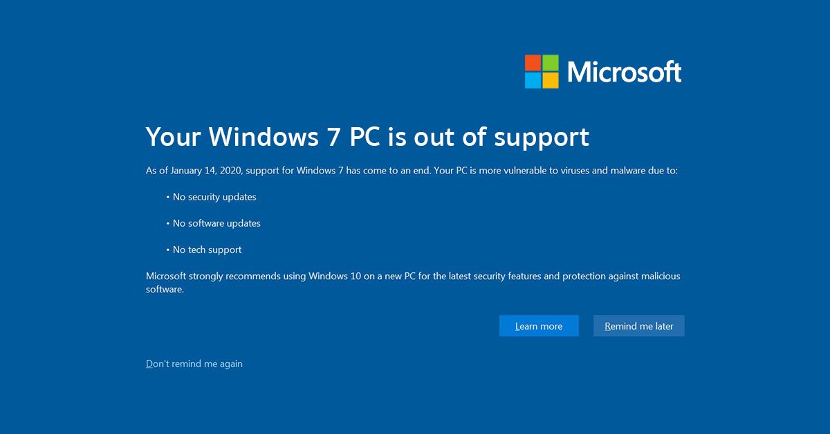 Microsoft เลิกสนับสนุน Windows 7 ตั้งแต่วันที่ 14 มกราคม 2020 เป็นต้นไป พร้อมแนะให้ใช้ Windows 10 แทน
