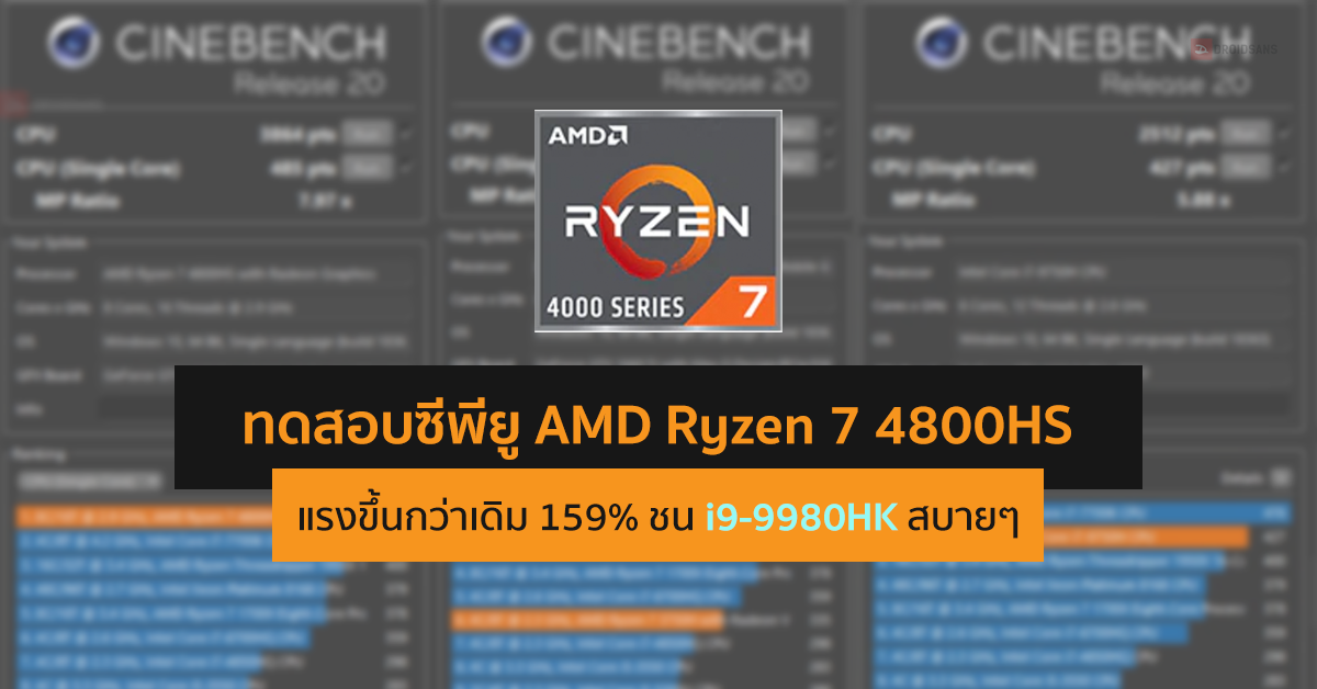 ทดสอบเครื่องจริงซีพียู AMD Ryzen 7 4800HS บน Cinebench R20 แรงขึ้นกว่าเดิม 159% ชน i9-9980HK สบายๆ