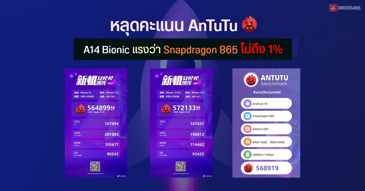 หลุดผลทดสอบ AnTuTu ชิป A14 Bionic ของ iPhone 12 และ iPhone 12 Pro เผยแรงกว่า Snapdragon 865 ไม่ถึง 1%