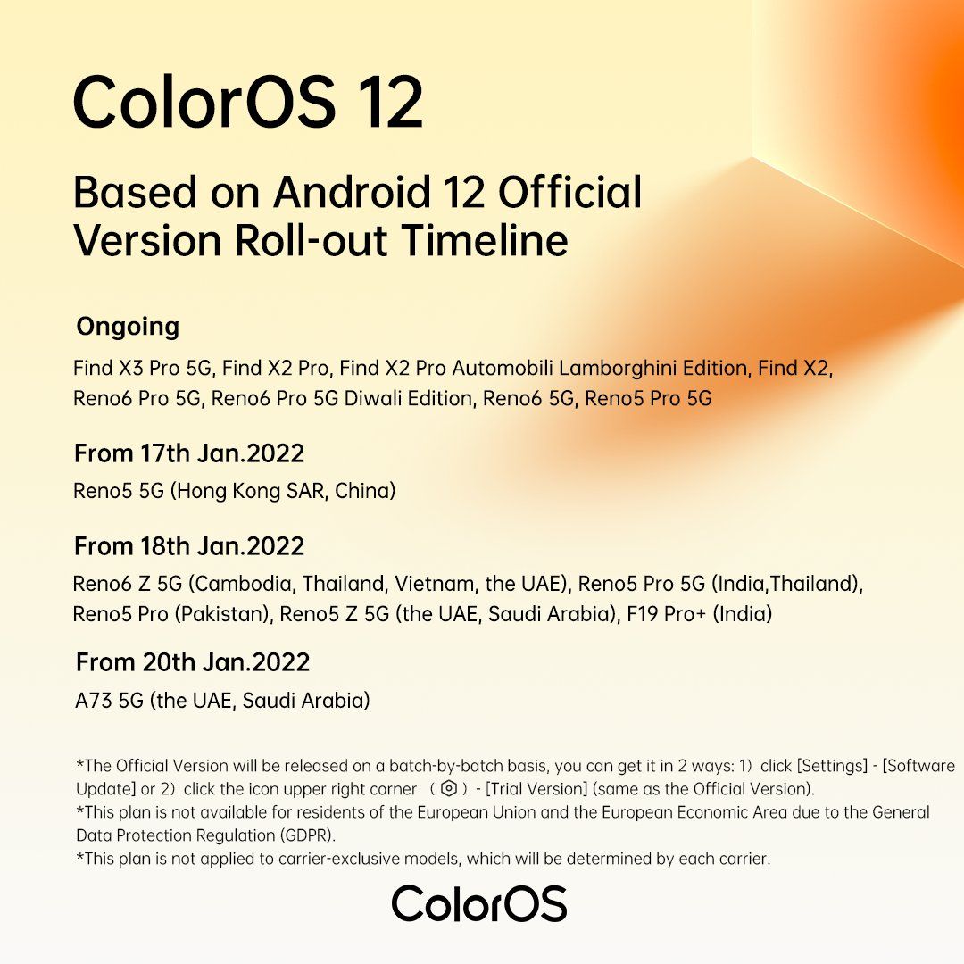 OPPO เผยรายชื่อมือถือที่จะได้รับ ColorOS 12 (Android 12) ช่วงไตรมาสแรกของปี 2022