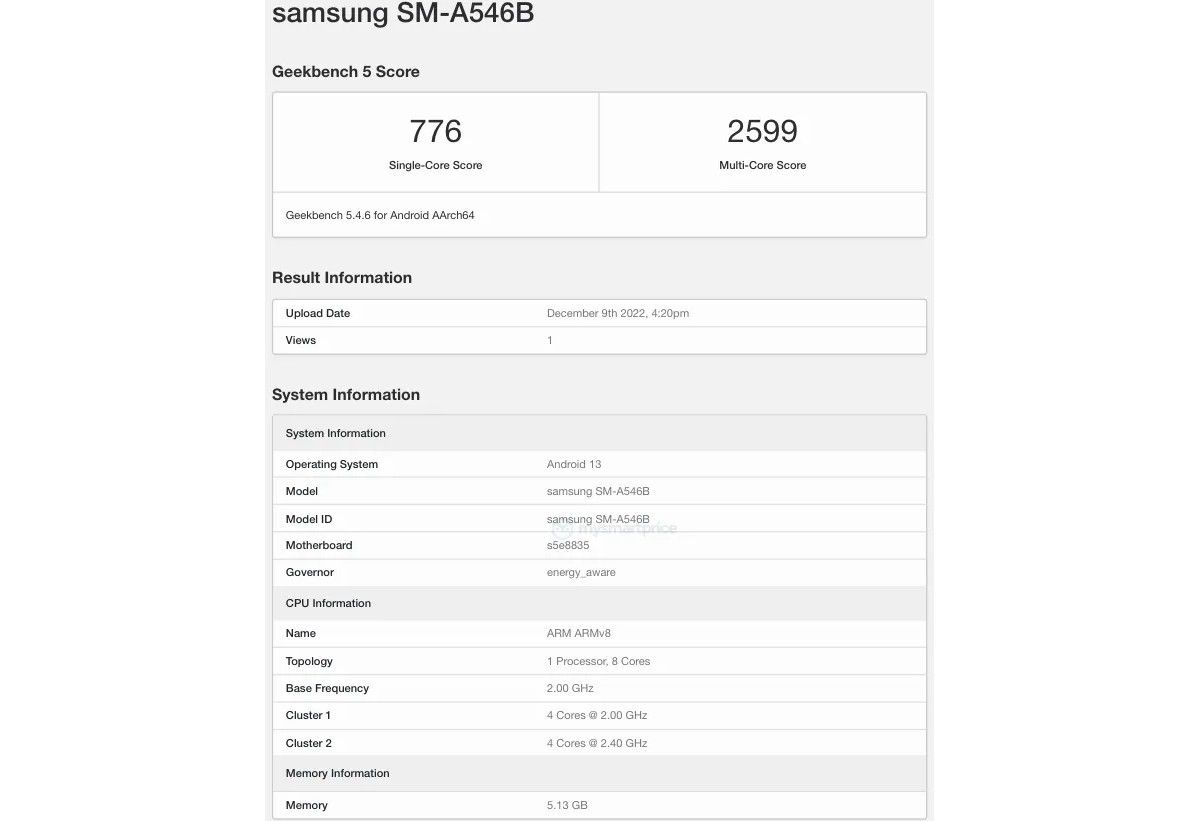 Samsung Galaxy A54 5G หลุดคะแนนความแรงบน Geekbench คาดใช้ชิป Exynos 1380