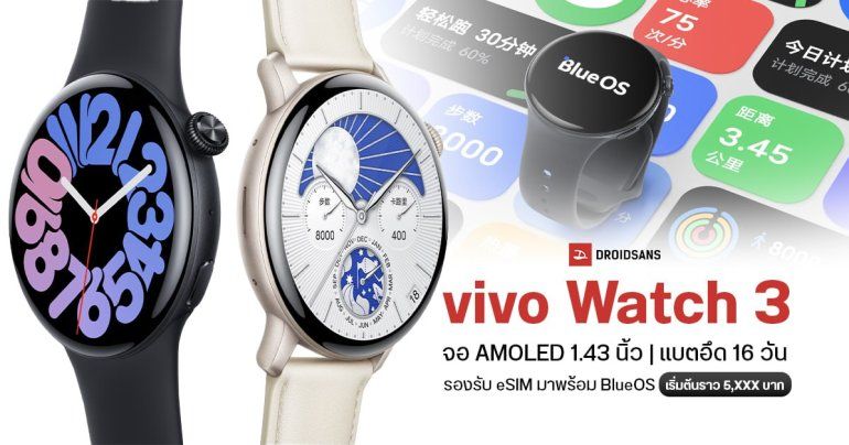 สเปค vivo Watch 3 จอ AMOLED 1.43 นิ้ว ใช้งานยาวนาน 16 วัน รองรับ eSIM และมาพร้อม BlueOS