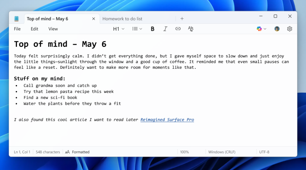 Microsoft อัปเดต Notepad โฉมใหม่เพิ่มการจัดรูปแบบข้อความ ตัวหนา ตัวเอียง แทรกลิงก์ สร้างหัวข้อ บน Windows 11