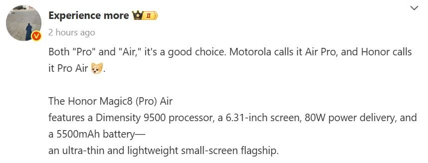 ข้อมูลของ HONOR Magic8 Pro Air