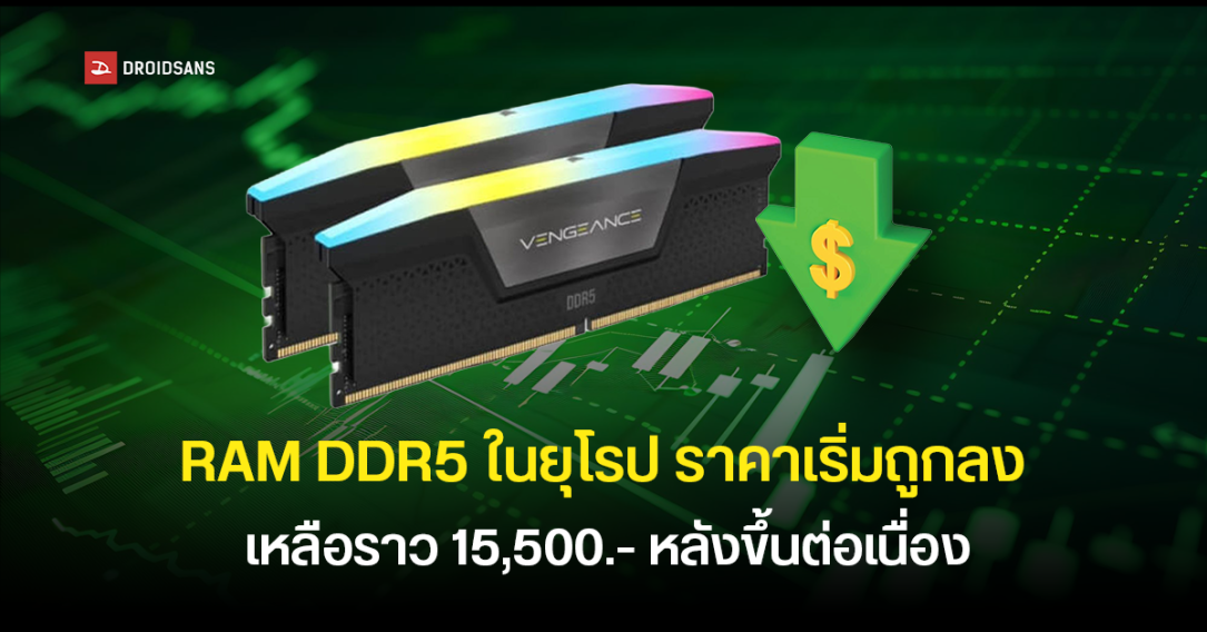 ผลสำรวจเผย ราคาแรม DDR5 ในยุโรปเริ่มปรับลง จากราว 17,500 บาท เหลือ 15,500 บาท หลังปรับขึ้นต่อเนื่องหลายเดือน