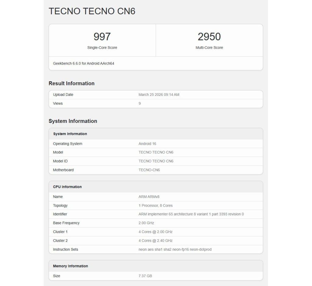 TECNO Camon Slim Geekbench