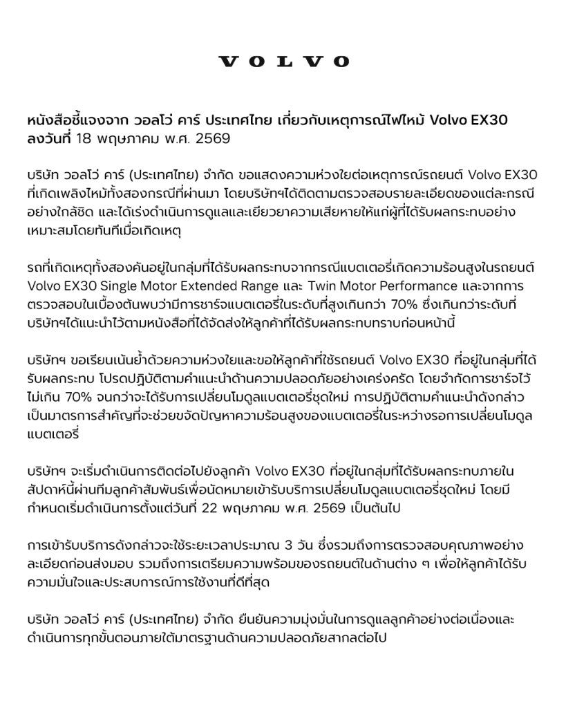 Volvo แจงเหตุไฟไหม้รถ EX30 แนะชาร์จไม่เกิน 70% อย่างเคร่งครัด พร้อมเปลี่ยนแบตใหม่ให้ฟรีทุกคัน เริ่ม 22 พ.ค.นี้