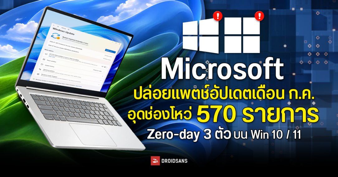 Microsoft ปล่อยอัปเดต Windows 10, 11 ประจำเดือน ก.ค. 2026 อุดช่องโหว่ Zero-Day 3 ตัวและอื่น ๆ รวม 570 รายการ