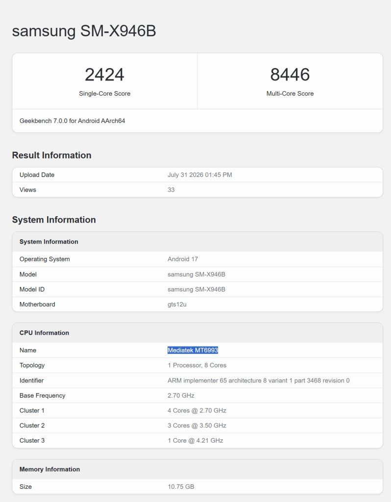เผยคะแนน Samsung Galaxy Tab S12 Ultra บน Geekbench แรงขึ้นด้วยชิป Dimensity 9500 มาพร้อม Android 17